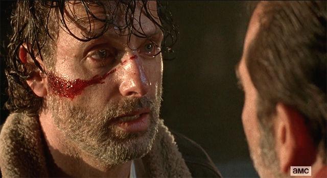 Rick Grimes (Andrew Lincoln) talks with Negan (Jeffrey Dean Morgan) on the premiere of AMC&#8217;s &#8220;The Walking Dead."