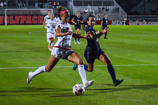 Senior forward Gladys Loyas shoots for an attempted goal. Loyas scored one goal during the game. The NC State Women's soccer team beat Pittsburgh 2-1 in overtime Thursday at Dail Soccer Stadium.