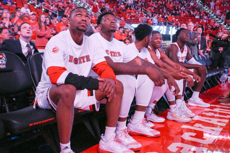 The starting lineup sits waiting for their names to be called before the 86-61 win over St. Francis Brooklyn in PNC Arena on Nov. 13, 2016.