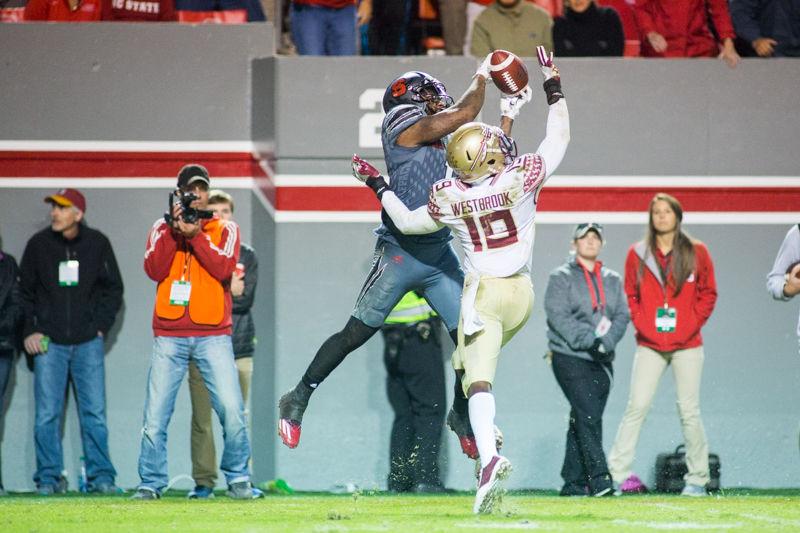 Junior tight end Jaylen Samuels goes up for the catch on third and long, nearly in the red zone, only to have the ball be forced from his hands as the score stood at 24-20 in favor of Florida State. Samuels had 29 yards on the ground with another 31 through the air in the loss to Florida State on Saturday in Carter-Finley Stadium.