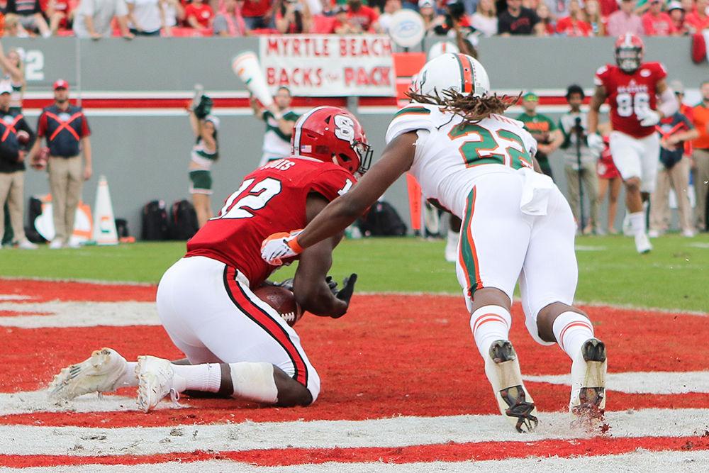 Redshirt sophomore Stephen Louis has the ball slip through the hands in the end zone. Louis had a team high 70 yard on five receptions during the 27-13 loss to Miami on Saturday.&#160;