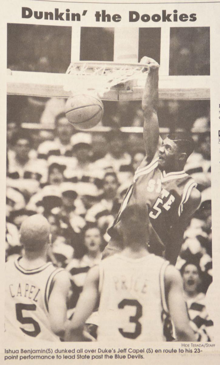 The headlining photo from the Jan 20, 1995 issue of technician, which was the last time the Wolfpack beat the Blue Devils in Cameron Indoor Stadium.