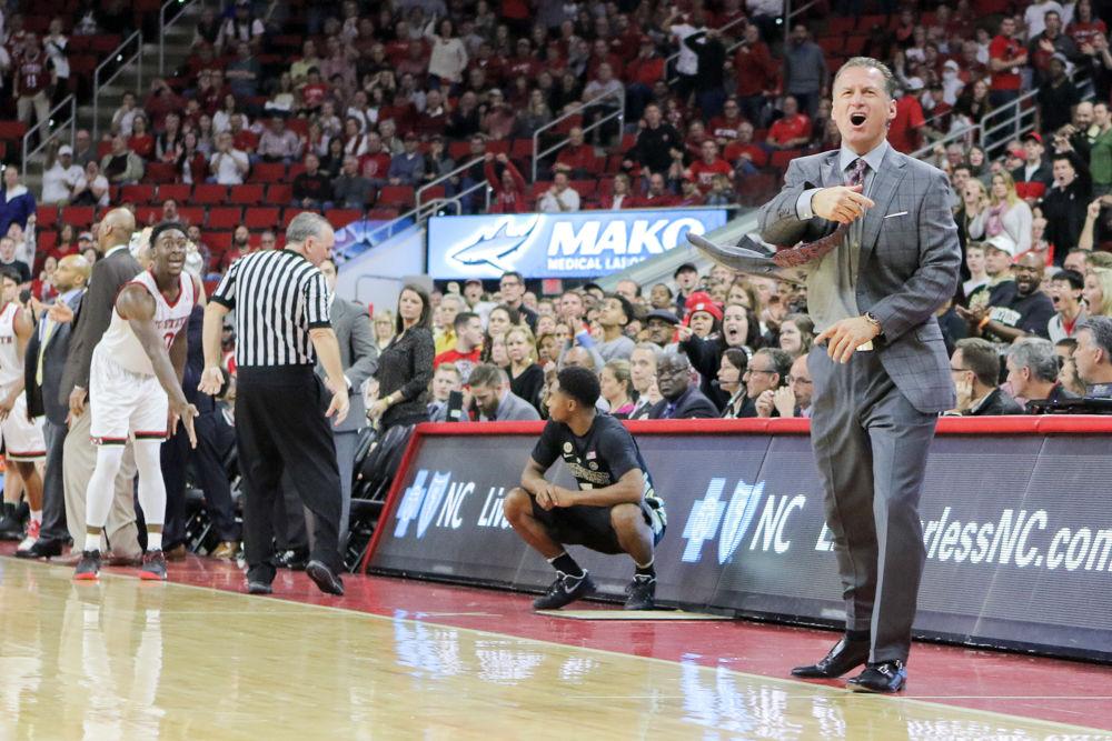 Head coach Mark Gottfried shouts in frustration as junior forward Abdul-Malik Abu motions that the Wake Forest player was out of bounds. Instead, Abu was called for his fifth foul, taking him to the bench. Abu shot well from the floor in the first half, putting up 17 points and ending the day with a team-high 20 points as well as seven rebounds during the 93-88 loss to Wake Forest Jan. 21 in PNC Arena.