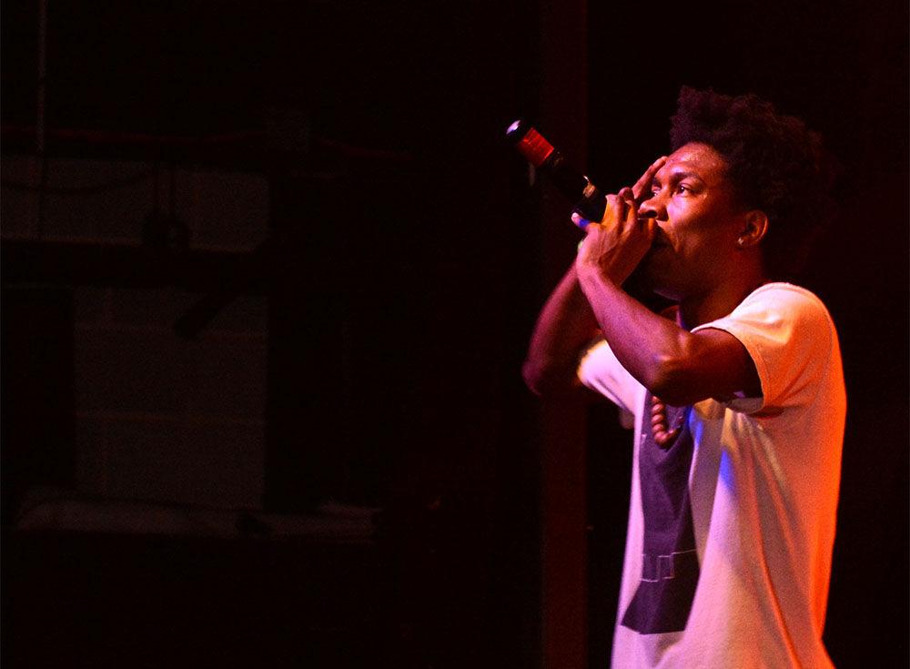 Durham-based rapper Professor Toon performs songs off his new album, Take Notes, during WKNC's 13 Double Barrel Benefit held at Cat's Cradle Saturday, Feb. 20, 2016. His combination of heavy-hitting lyrics and explosive onstage presence was a favorite among attendees.&#160;