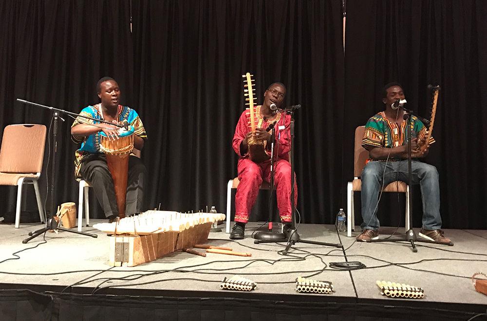 James Isabirye, Nicholas Ssempijja and Micheal Bazibu perform as part of The Nile Project on Monday evening. The project was started to bring together the 11 countries that share the Nile River through music.&#160;
