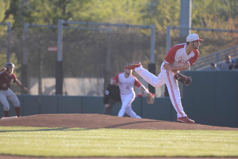 Junior lefthand pitcher Brian Brown pitches at the Florida State vs. NC State baseball game on April 8, 2017 at Doak Field. Wolfpack won 8-4.