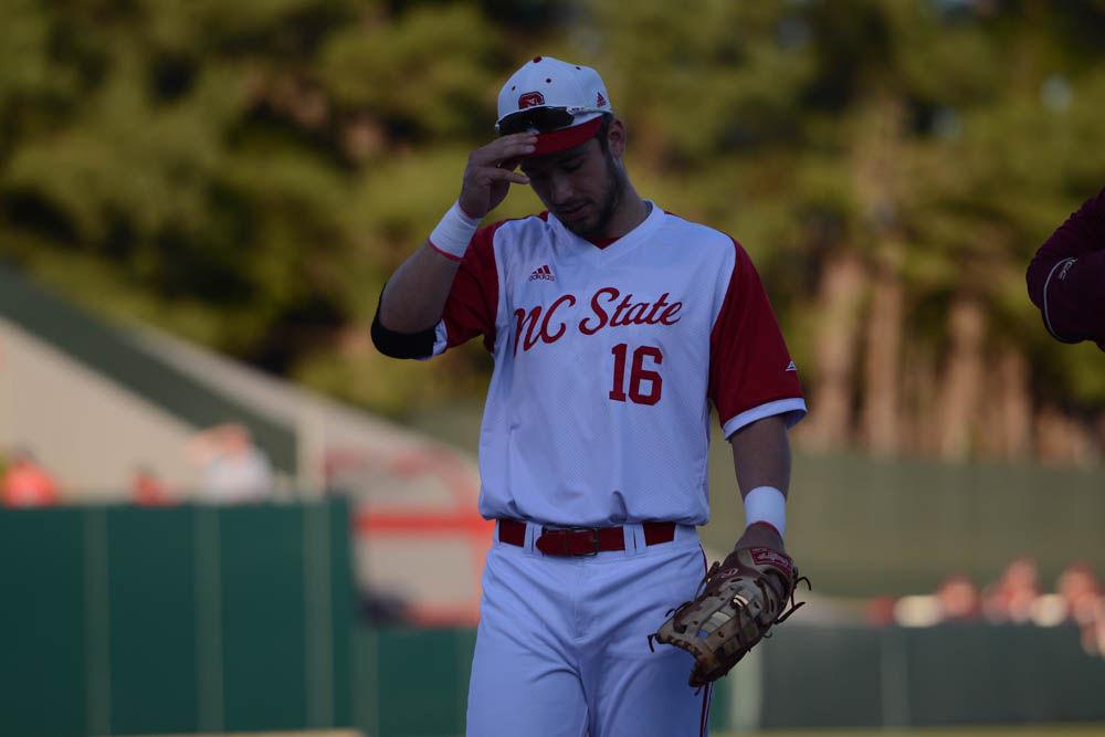 Junior first baseman Shane Shepard walks away from the pitching mound after striking out at the baseball against Florida State on April 8, 2017. Wolfpack won 8-4 at Doak Field.