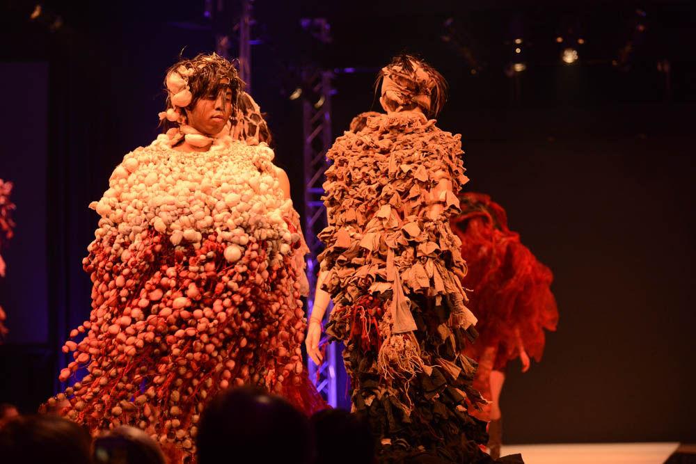 Models show the creations of Jeanna Young, a senior studying art and design, as part of her collection called Delusions of Identity. Art2Wear, a fashion show planned and executed by students in the College of Design, took place at Talley Student Union on April 28, 2017.