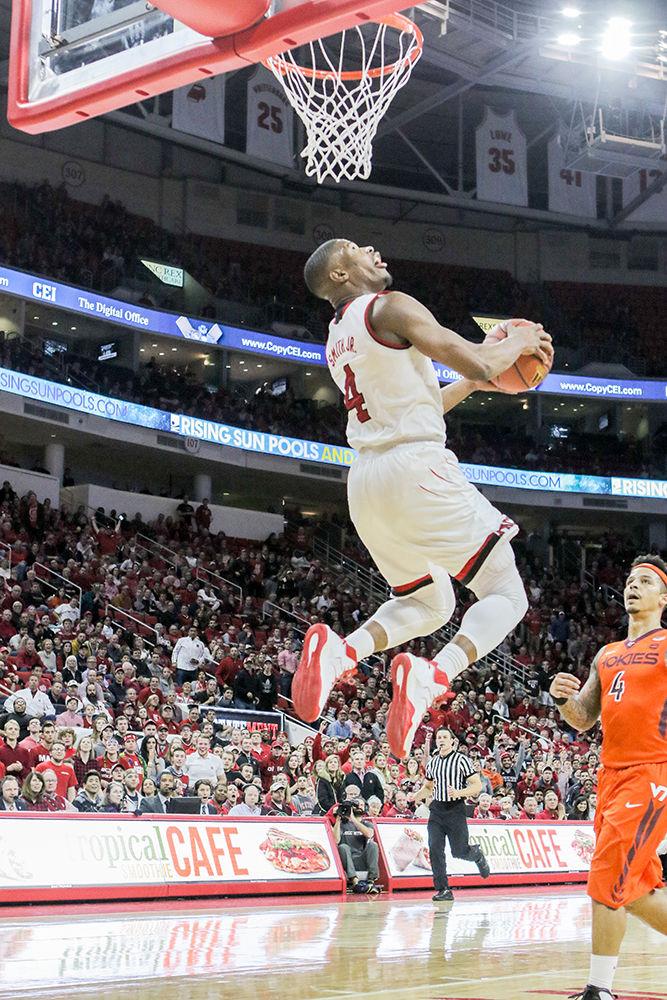 Freshman guard Dennis Smith Jr. goes up for a reverse slam. The Wolfpack dominated Virginia Tech on all sides of the ball in PNC Arena on Jan. 5, 2016 with a 104-78 win, the first ACC win over 100 points since 1991.