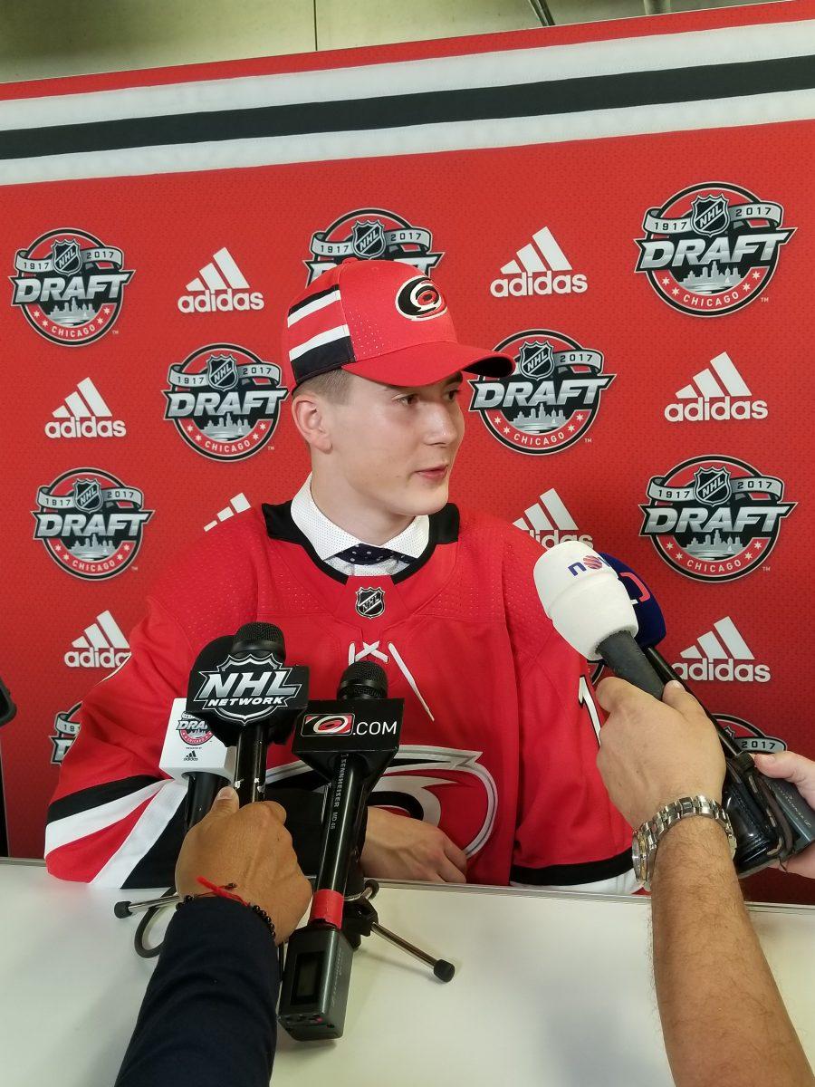 Czech center Martin Necas, the Hurricanes' first-round pick at 12th overall in the 2017 NHL Entry Draft, meets with the media Friday night at the United Center in Chicago.