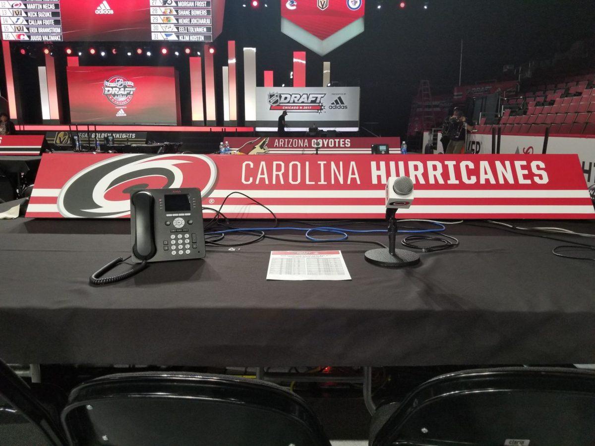 The Carolina Hurricanes' draft table at United Center in Chicago. The Canes made nine total picks over Friday night and Saturday morning in the 2017 NHL Entry Draft.&#160;