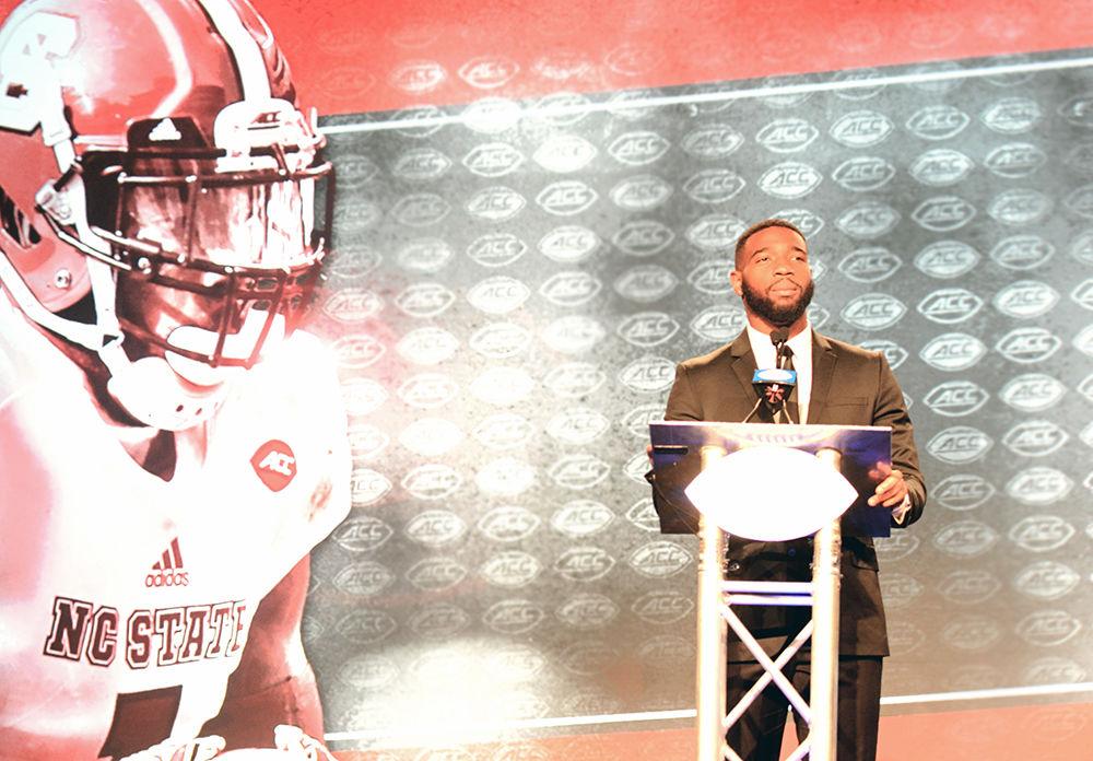 Junior Jaylen Samuels speaks to a crowd of reporters at the 2017 ACC Kickoff on Thursday, July 13 in Charlotte, North Carolina. Samuels reflected on his successful years playing football for NC State and is looking forward to this season.