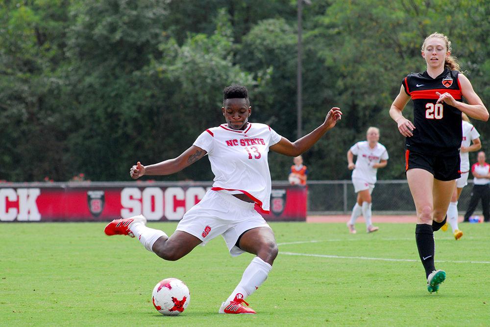 Junior defender Ella Bonner kicks the ball in the women's soccer match between NC State and Princeton University at Dail Soccer Stadium on Saturday, Sept. 2. The Wolfpack lost 0-2 to the visitors from Princeton after a postponement of the game the previous day due to inclement weather.