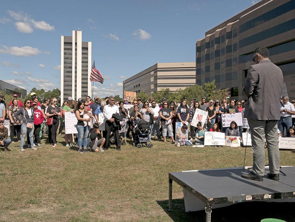 Founder and Director of the Carolina Peace Center, Faisal Kahn speaks to participants at the DACA March in Downtown Raleigh on Sunday. Mr Kahn says " This is a country that is built on a backbone of immigrants. We need to welcome immigrant communities with open hearts because they help to foster innovation. That is what makes America great. Hate and bigotry will not".