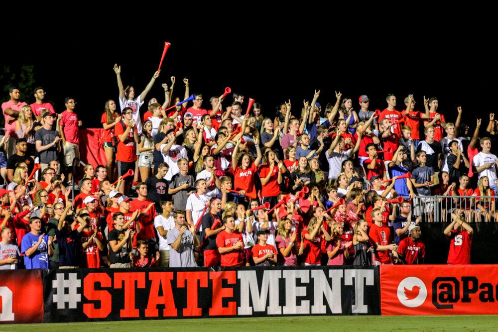 The crowd celebrates the 3-2 win over Florida Atlantic on Firday, Aug 25, in Dail Soccer Stadium.