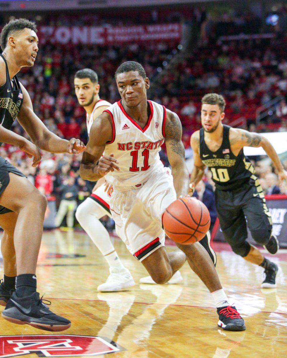 Sophomore guard Markell Johnson drives toward the paint. Johnson was the only member of the Pack to put up a stat in every category, including 13 points and six rebounds during the 72-63 win over Wake Forest on Thursday in PNC Arena.