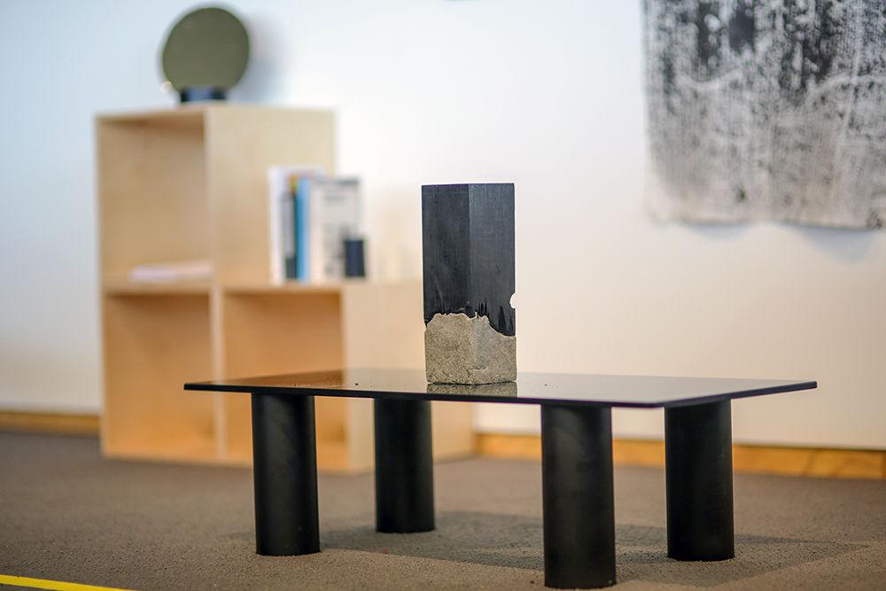 The wood and concrete centerpiece, a collaborative work by Dhruvi Fulfagar, a graduate student studying industrial design and Jason Swieckowski, a senior studying art and design, highlights how different materials and geometries interact with one another to create harmony. This is one of many pieces on display at the Ideal Space exhibit put on by the NC State College of Design at the North Carolina Museum of Art. The exhibit runs through Jan. 25.