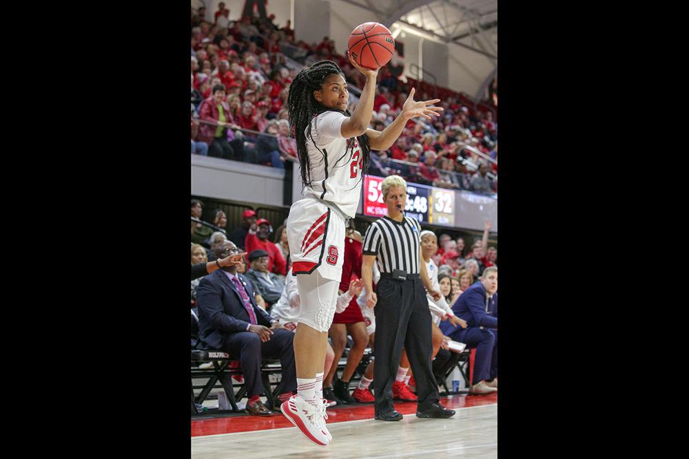 Sophomore forward Erika Cassell goes up to sink her third long jumper in a row. Cassell had nine points and five rebounds in what was a breakout game. The Wolfpack struggled early but strong defense led the team to a 62-35 win over Elon in the first round of the NCAA Tournament on Friday, March 16 in Reynolds Coliseum.