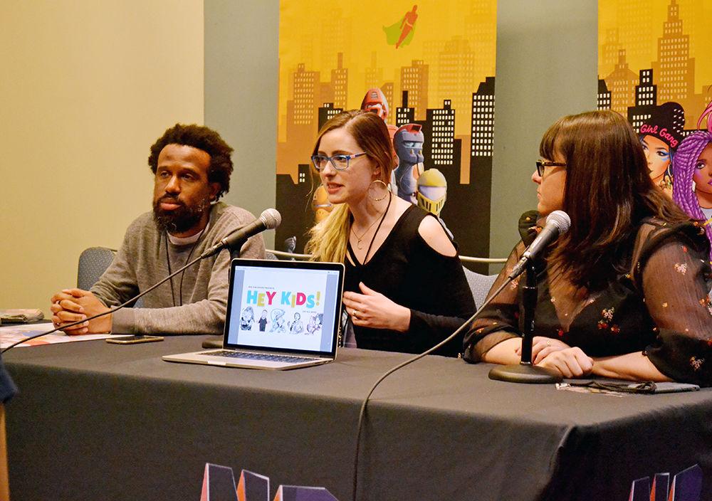 Editor Joe Hues, artist Brenda Hickey and editor Sarah Gaydos, all of the company IDW Publishing, talk about the process of creating comic books during NC Comicon in the Raleigh Convention Center on Sunday. The panel covered topics such as roles of editors in comic book creation and drawing process behind individual comic pages.