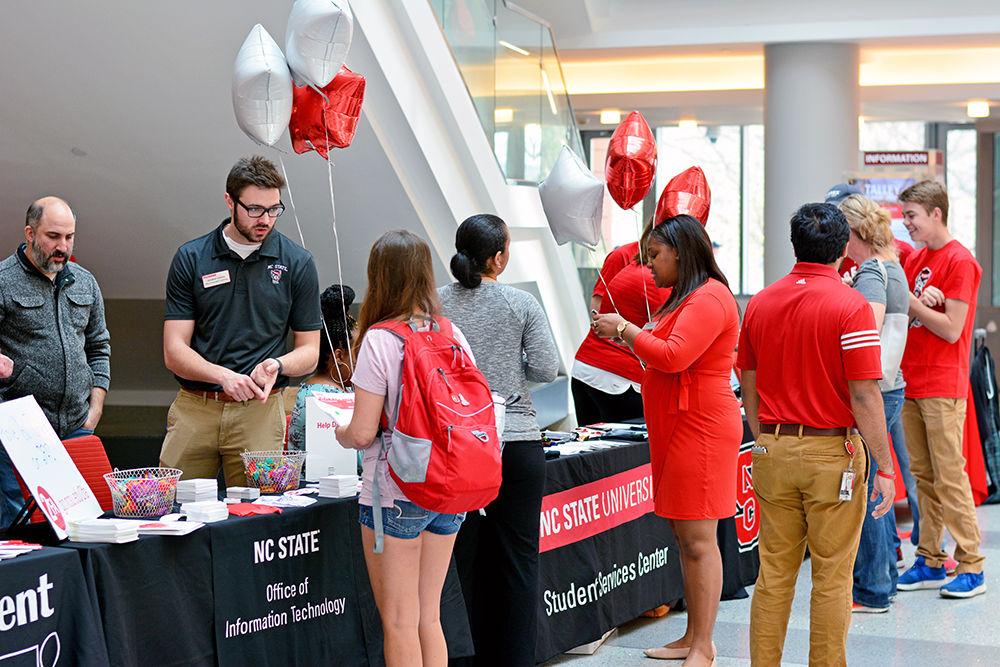 Representatives from various groups and services at NC State provide information about resources offered to students at the FREEsources Fair in Talley Student Union on Monday.