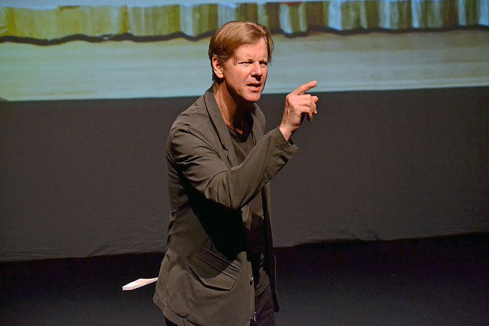 Alan Campbell, a Tony-nominated actor who has been in various musicals, dramas and films, picks up the role of Frank Lloyd Wright during a rehearsal of the solo play, &#8220;Truth Against the World,&#8221; in Kennedy-McIlwee Studio Theatre on Monday. The play is about Wright giving a press conference and Campbell narrates the story of Wright's life.