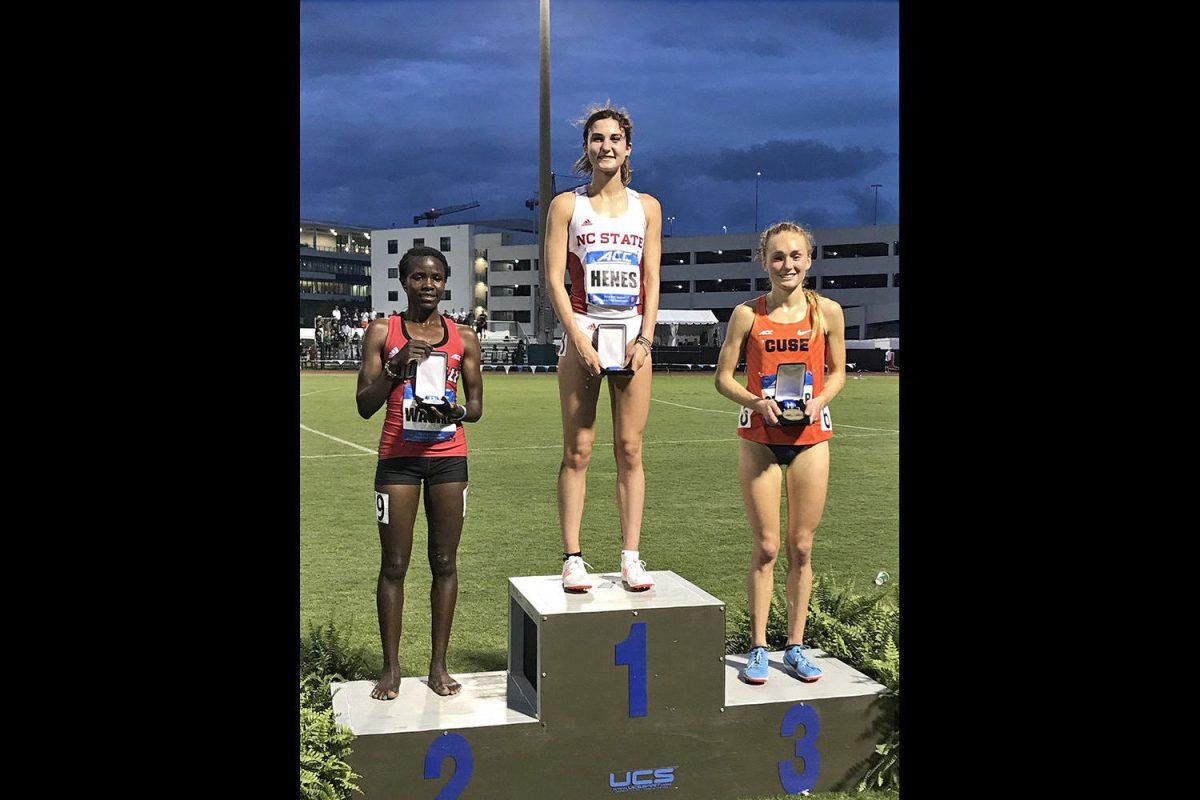 Elly Henes wins the women's 5000 meter at the ACC Outdoor Championships in Miami, Florida.