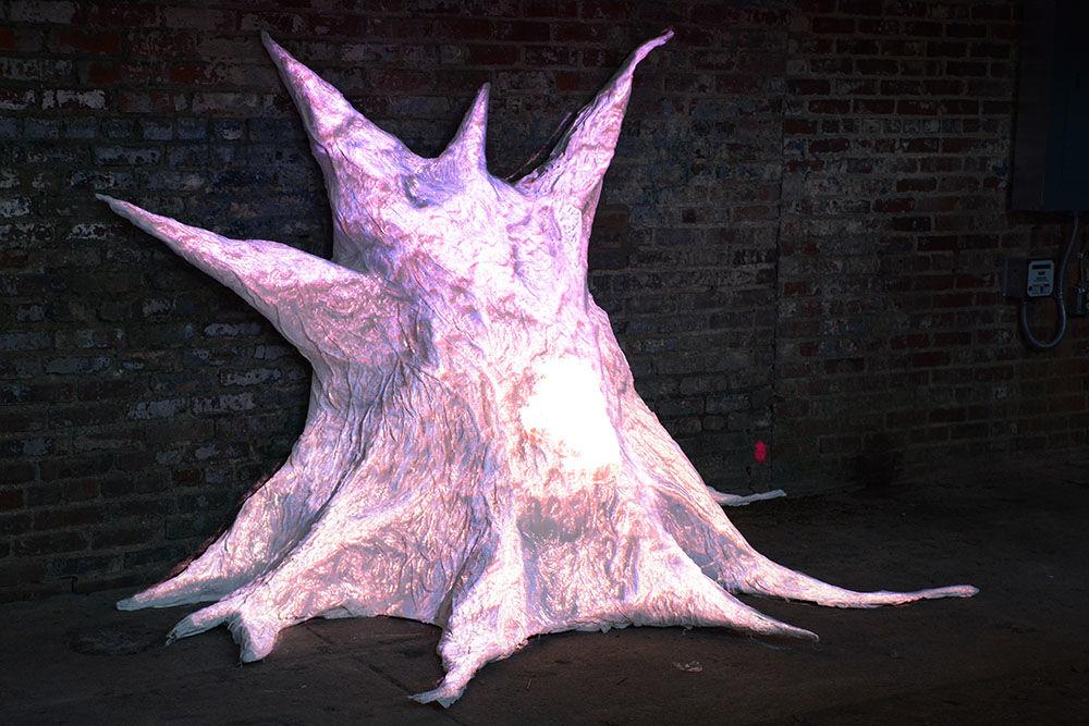 A depiction of a mass of tissue is part of a piece called "Optimization for Radiotherapy" on display at Transfer Co. Food Hall on Friday, June 15, 2018 as part of the "Invisible Worlds" exhibit. The exhibit stemmed from collaboration between The Leading Strand and NC State's College of Sciences and College of Design.
