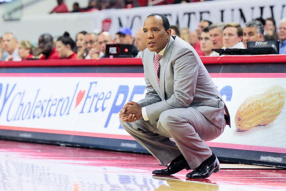 Head coach Kevin Keatts watches the team's offense. The Wolfpack showed off its new defense and a high-powered offense with a 109-66 win over Mars Hill on Friday, Nov. 3, 2017 in PNC Arena.