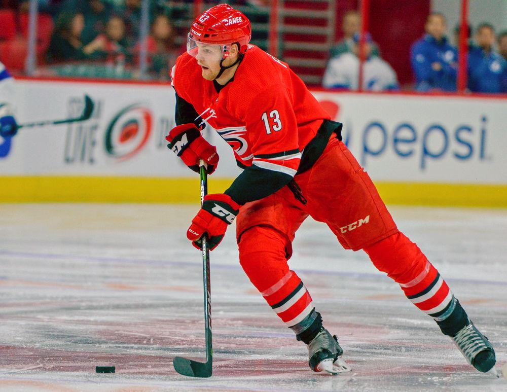 Carolina Hurricanes prospect Warren Foegele looks for a pass against the Tampa Bay Lightning on Wednesday, Sept. 19 in PNC Arena. The Canes beat the Lightning 6-1.