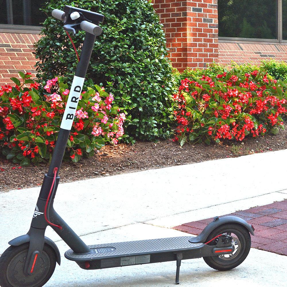 One of the many BIRD scooters present on campus sits in front of the Weisiger-Brown Athletics Facility.