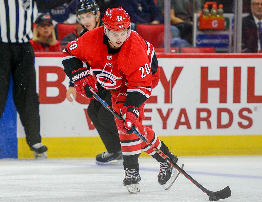 Carolina Hurricanes forward Sebastian Aho skates down the ice during the game versus the New York Islanders on Sunday, Oct. 28 in PNC Arena. Aho had one assist against the Islanders and is currently on an 11 game point streak. The Hurricanes lost to the Islanders 2-1.