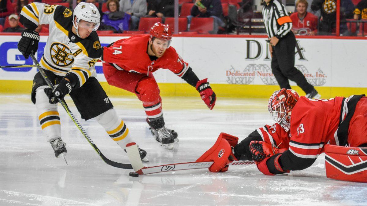 Carolina Hurricanes goalie Scott Darling makes a save during the Hurricanes' 3-2 loss to the Boston Bruins on Tuesday, Oct. 30 in PNC Arena. Darling made his regular season debut in this game after sustaining an injury in the preseason.&#160;
