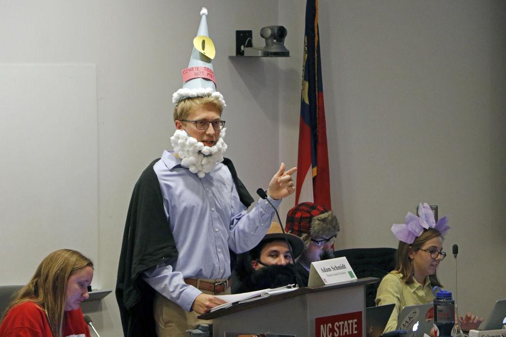 Student Senate President Adam Schmidt addresses the Student Senate in Talley Student Union on Wednesday, Oct. 24. Schmidt dressed up as &#8220;The Enrollment Wizard&#8221; and won the costume contest that was held in celebration of Halloween. Student Senate meetings are held Wednesdays on a bi-weekly basis in Talley room 4140.