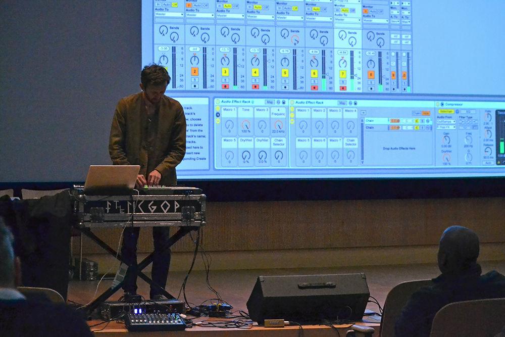 Nicholas Sanborn, the producer of the indie pop duo Sylvan Esso, gives an improvised performance in Hunt Library on March 22, 2017. Sanborn used Ableton and a pad controller to modify different pieces of sounds to create his music.