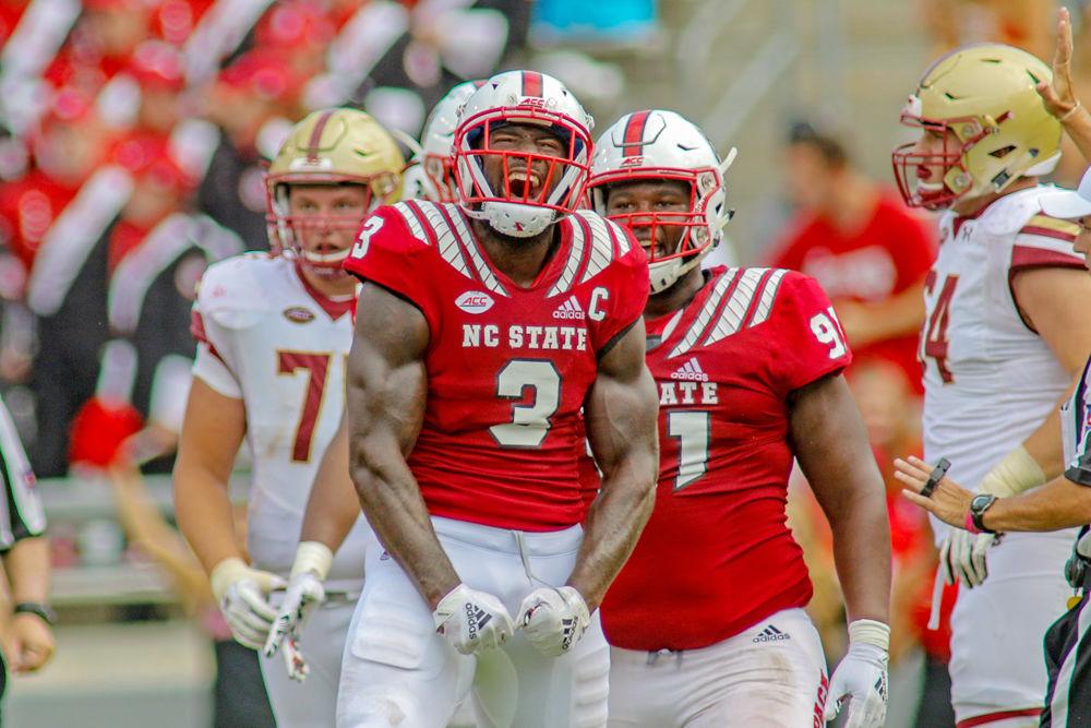Graduate linebacker Germaine Pratt celebrates after a sack on Saturday, Oct. 6 in Carter-Finley Stadium. Pratt led had team highs of 13 tackles, one sack and one forced fumble that he also recovered during the 28-23 win over Boston College.