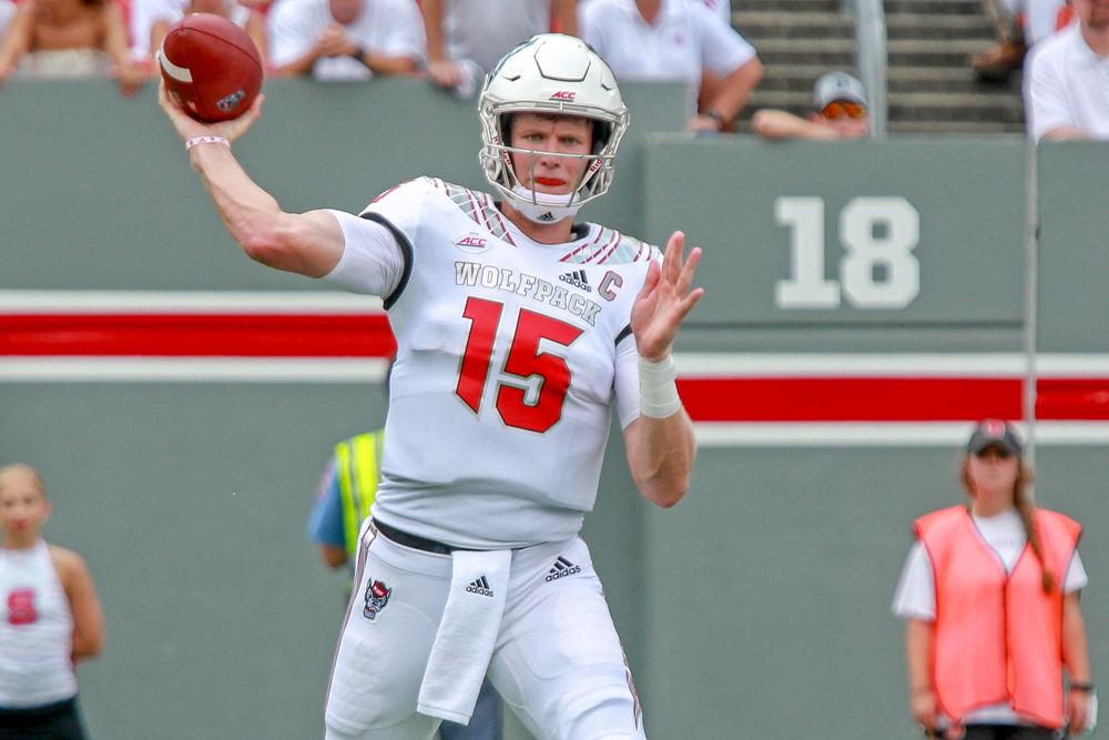 Graduate quarterback Ryan Finley throws to the sideline on Saturday, Sept. 8 at Carter-Finley Stadium. Finley had 370 yards through the air during the 41-7 win over Georgia State.