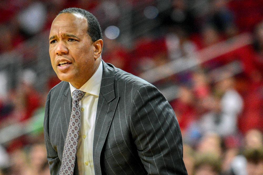 Head coach Kevin Keatts questions a call on Tuesday, Nov. 6 against Mount St. Mary's in PNC Arena. The Wolfpack beat the Mountaineers 105-55.