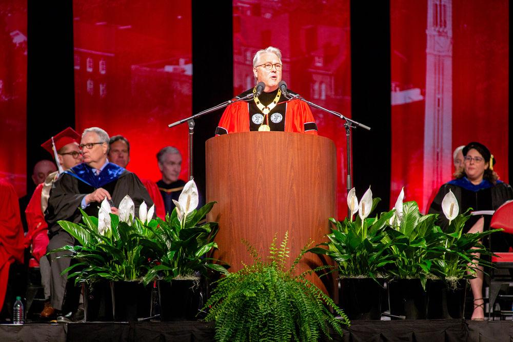Chancellor Randy Woodson welcomes the crowd to Spring Commencement on Saturday, May 12 in PNC Arena. Woodson recently announced that Allison B. Newhart will be NC State&#8217;s new vice chancellor and general counsel.