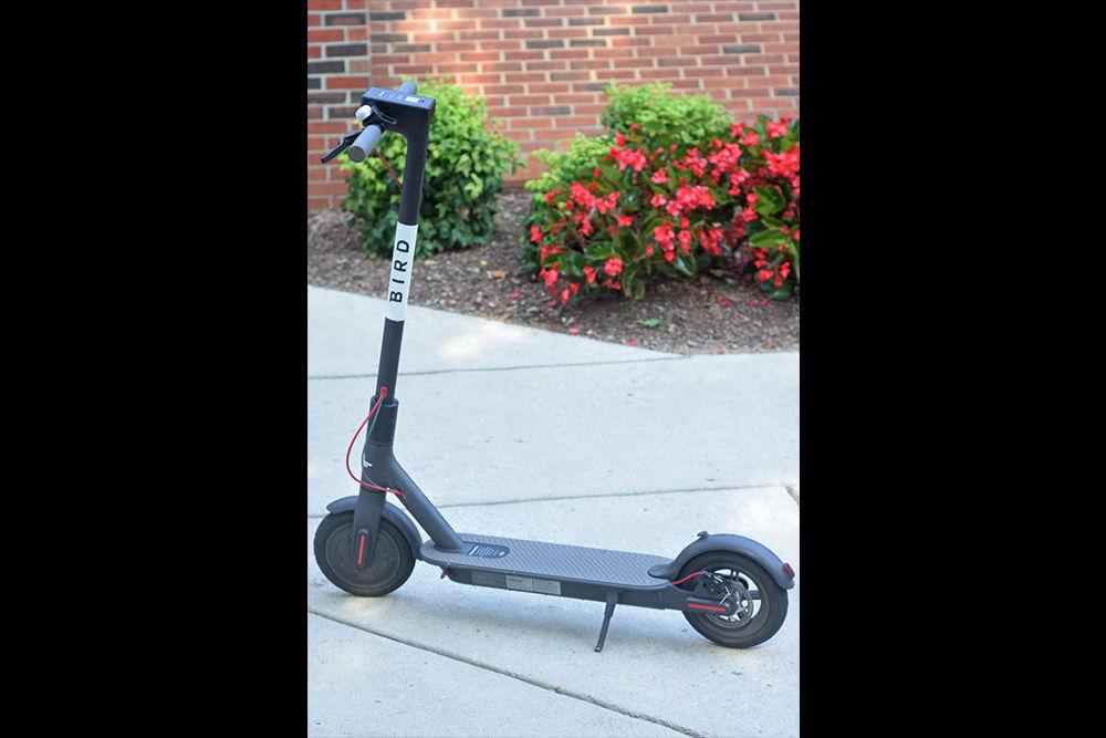 A Bird scooter stands outside of the Weisiger-Brown Athletic Facility on Tuesday, Aug. 28. The electric scooters are part of a vehicle-sharing program which has been established in cities across the U.S., including Raleigh. Some Bird scooters can be seen around NC State's campus.