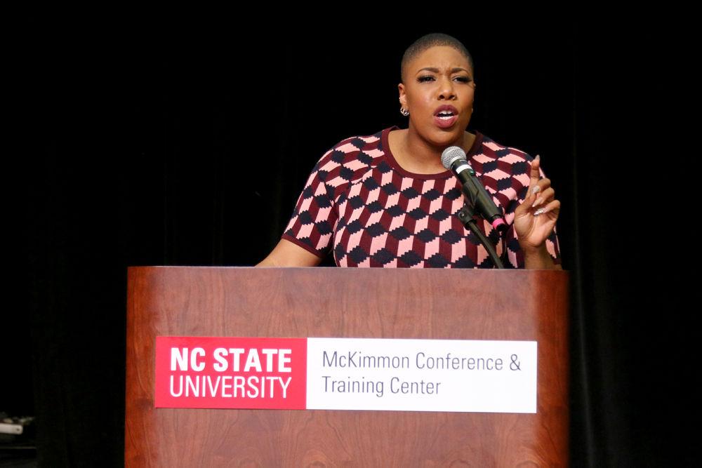 Symone Sanders, a strategist, communications consultant and CNN political commentator, speaks during the Martin Luther King Jr. Campus Commemoration on Thursday, Jan. 17 at McKimmon Center. Sanders reflected on King&#8217;s life and legacy and spoke about his ability to effect change.