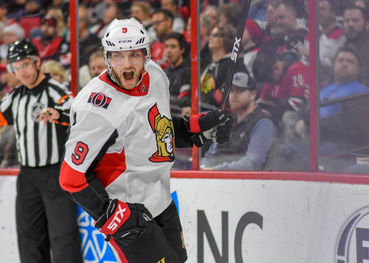 Ottawa Senators forward Bobby Ryan yells and celebrates after scoring against the Carolina Hurricanes on Friday, Jan. 18 in PNC Arena. The Hurricanes lost to the Senators 4-1.