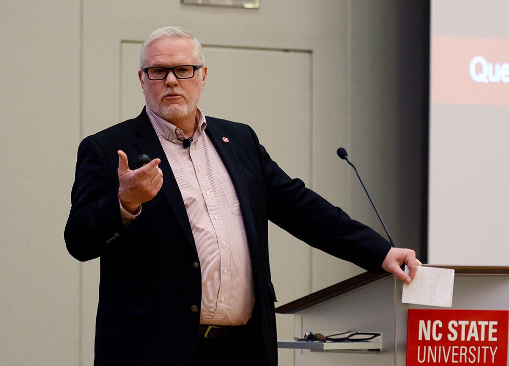 Mike Mullen, vice chancellor and dean for the Division of Academic and Student Affairs,&#160;speaks at the Student Fees Town Hall on Tuesday, Jan. 22 at Talley Student Union. Mullen spoke about how the university manages finances at the event.
&#160;