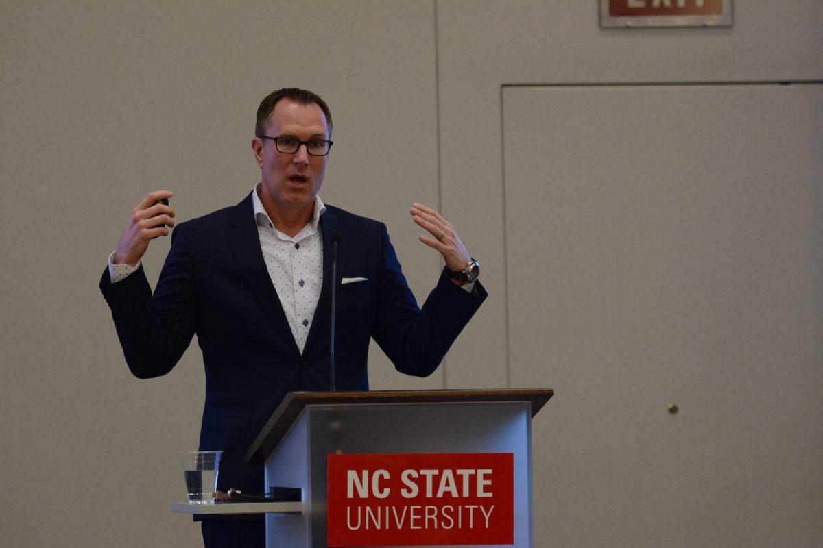 Eric Hawkes, executive director of Wellness and Recreation, speaks at the Student Fees Town Hall on Tuesday, Jan. 22 in Talley Student Union. Hawkes spoke about the Carmichael Gym renovation and other developments that Wellness and Recreation manages.