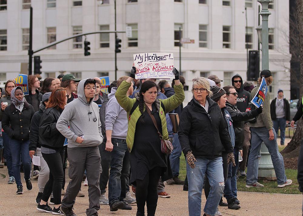 Demonstrators march towards the Confederate monument at the Crush Confederates at the Capital event on Saturday, Feb. 9 at the North Carolina State Capitol in Raleigh.