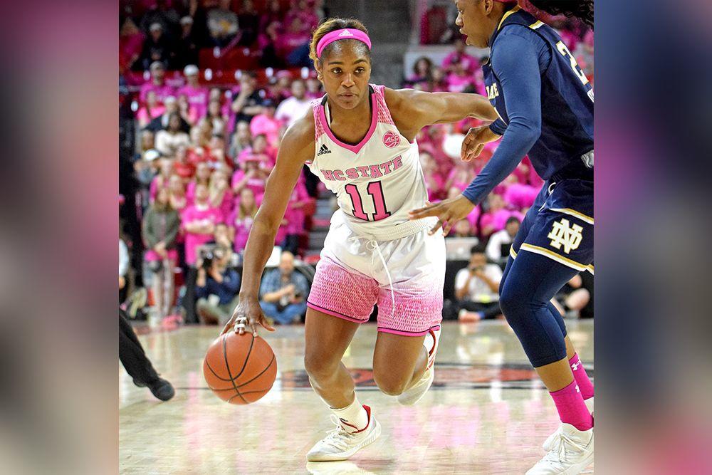 Graduate guard Kiara Leslie drives to the interior against No. 5 Notre Dame on Monday Feb. 18, 2019 in Reynolds Coliseum. Leslie went 6-14 from the field and totaled 17 points. The No. 9 Wolfpack lost to the Fighting Irish 95-72.