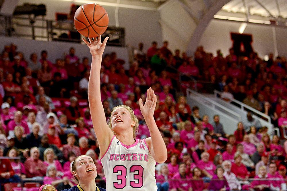 Freshman center Elissa Cunane takes an inside shot against Notre Dame on Monday, Feb. 18, 2019 at Reynolds Coliseum. Cunane scored a game-high 28 points, going 7-of-7 from the free throw line in addition to grabbing six rebounds. The Wolfpack lost to the Fighting Irish 95-72.