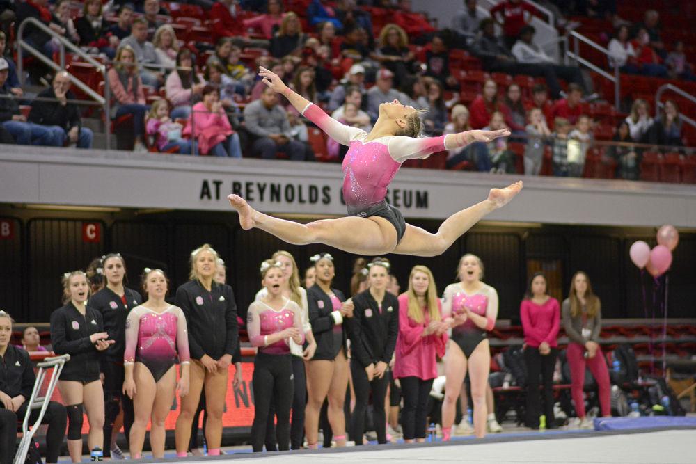 Junior Melissa Brooker performs her floor routine against Pittsburgh on Saturday, Feb. 9 at Reynolds Coliseum. The Wolfpack defeated the Panthers 196.400 to 194.825.