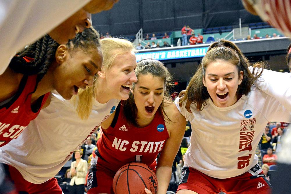 *Editor's note: the original preview photo has been replaced.
Senior forward DD Rogers, freshman center Elissa Cunane, junior guard Aislinn Konig and freshman forward Esra McGoldrick prepare to play Iowa on Saturday, March 30, 2019 at Greensboro Coliseum. The Wolfpack lost to the Hawkeyes 79-61, getting eliminated from the NCAA Tournament in the Sweet Sixteen.