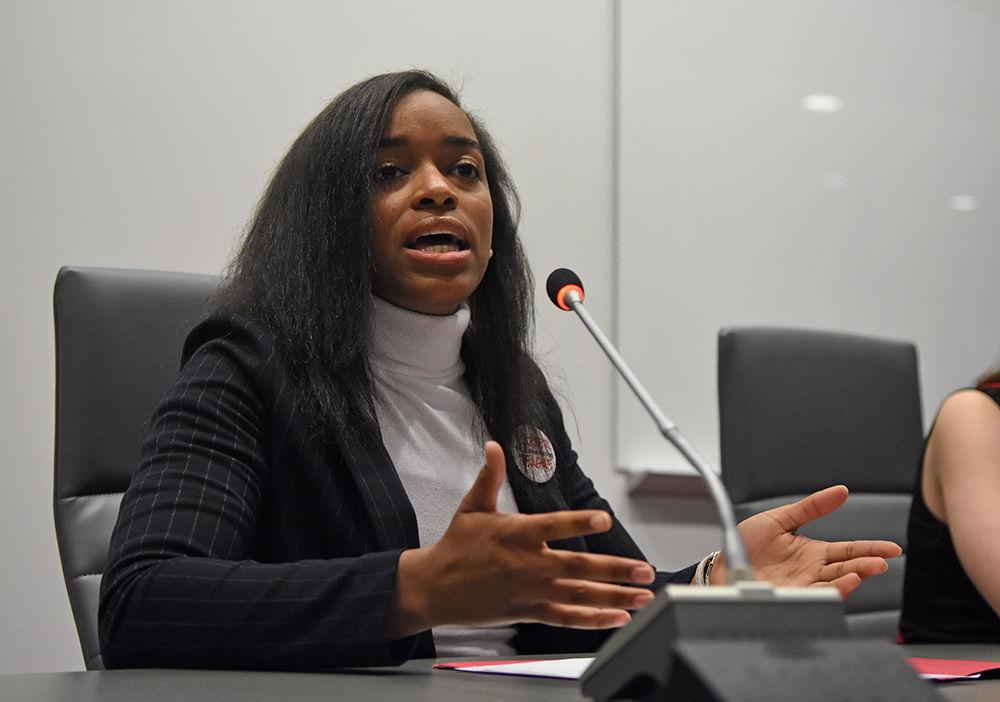 Student body vice president candidate Nicole Teague, a third-year studying business administration, talks at the student government election debate in the Senate Chambers in Talley Student Union on Thursday, Feb. 28.