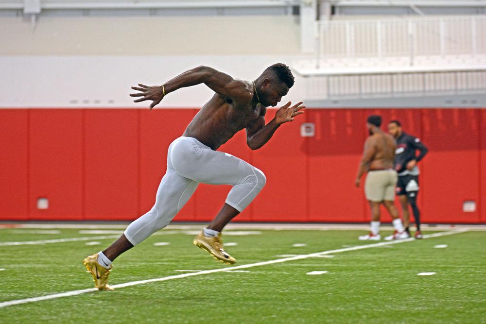 Junior wide receiver Kelvin Harmon runs a 40-yard dash during NC State football&#8217;s pro day on Wednesday, March 27, 2019 in the Close-King Indoor Practice Facility. NC State players performed a variety of tasks for NFL scouts before the upcoming draft.
